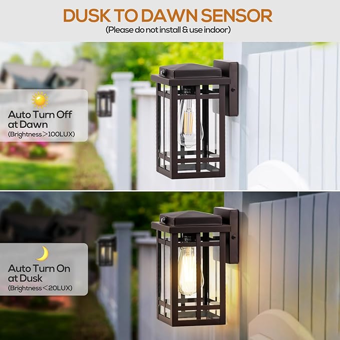 9.76'' Dusk to Dawn Outdoor Wall Light 2 Packs, Exterior Fixture Mount for House Front Porch, Anti-Rust Modern Lantern with Tempered Glass Shade for Garage, Brown
