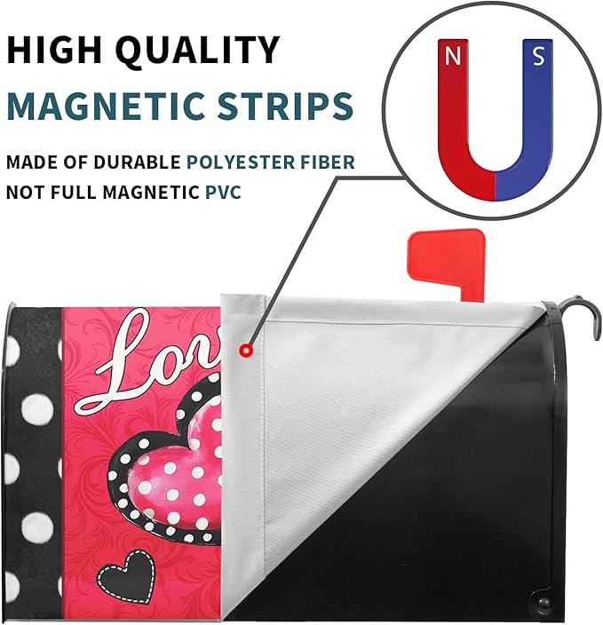 Kawani Valentine's Day Love Hearts Mailbox Covers Magnetic Red Pink and Black Polka Dots Mailbox Covers Magnetic Standard Size 21x18 Inch Holiday Post Letter Box Cover for Garden Yard Decor