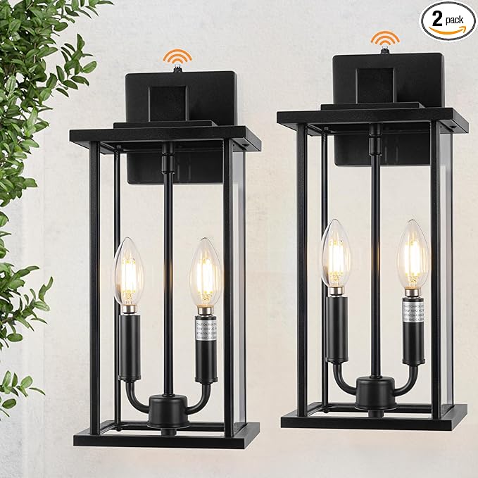 16" Large Dusk to Dawn Outdoo Wall Light Fixtures, Black 2-Pack Exterior Front Porch Light, 2-Light Outdoor Wall Sconce for Outside Patio, Waterproof Exterior Wall Lamp Lighting