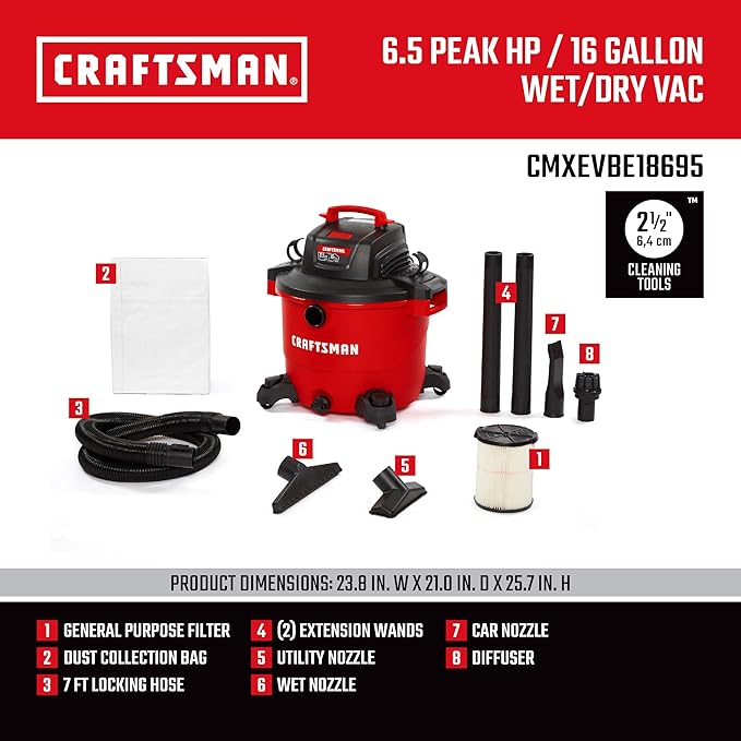 CRAFTSMAN CMXEVBE18695 16 Gallon 6.5 Peak HP Wet/Dry Shop Vac, Heavy-Duty Shop Vacuum Wet and Dry with Filter, Muffler/Diffuser, Dust Bag, Hose and Attachments for Home Projects & Renovations
