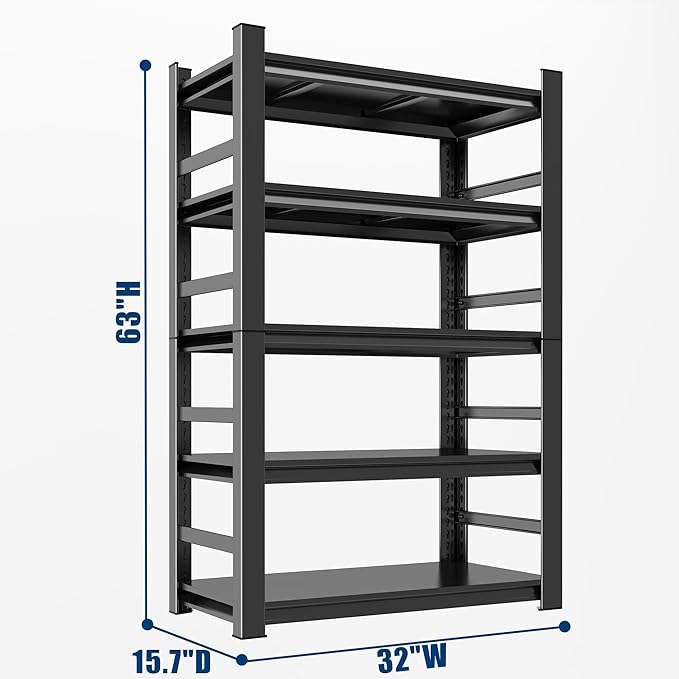 Garage Shelving, 2000LBS Garage Shelving Heavy Duty, Adjustable and Detachable Metal Storage Shelves with Fences, Easy Assembly, Shelves for Warehouse,Basement (32" W*15.7" D*63" H)