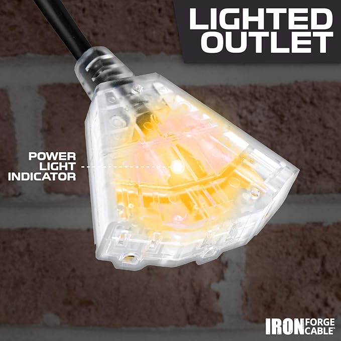 Iron Forge Cable 12 Gauge Extension Cord with Multiple Outlets - Black Heavy Duty Extension Cord 50 ft - 12/3 SJTOW, 3 Prong Lighted Outlet Cords