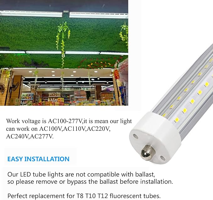 4ft T8 LED Tube Lights,36W 3600lm,White 6500K,Single Pin FA8,45.8 inches End to End,F48T12 CW 4ft LED Tube Replacemen,Ballast Bypass,Double End Power for Shop,Sign,Warehouse,Pack of 10