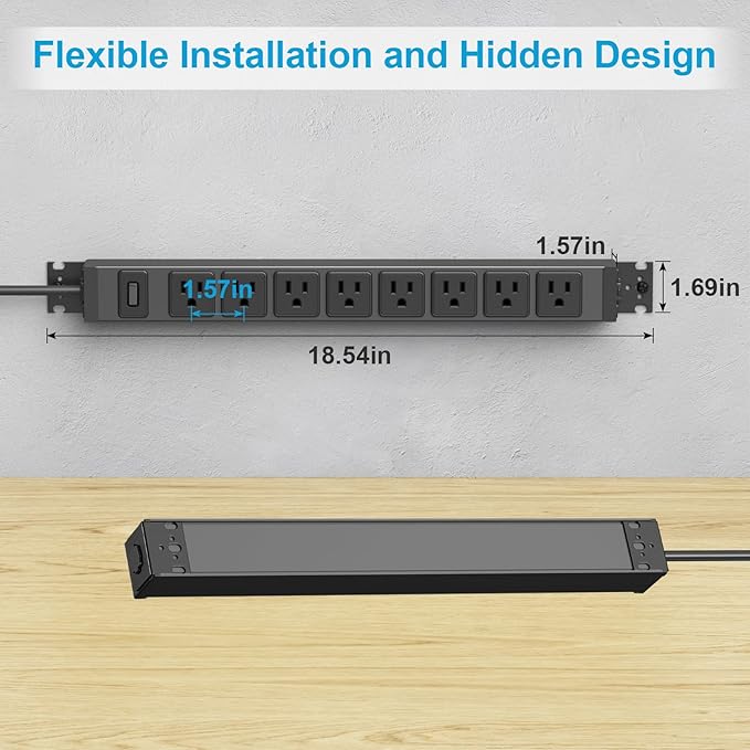 HHSOET 2 Pack Metal 360° Rotating Mountable Power Strip 8 Outlet Gaming Table Mounted Outlet Strip Heavy Duty Wall Mount Surge Protector with Switch 15A 125V 1875W 6ft Power Cord.