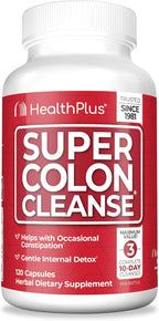 Health Plus Super Colon Cleanse 10 Day Gentle Gut Cleanse Detox, Psyllium Husk, Probiotics for Constipation Relief & Digestive Support, 120 Capsules