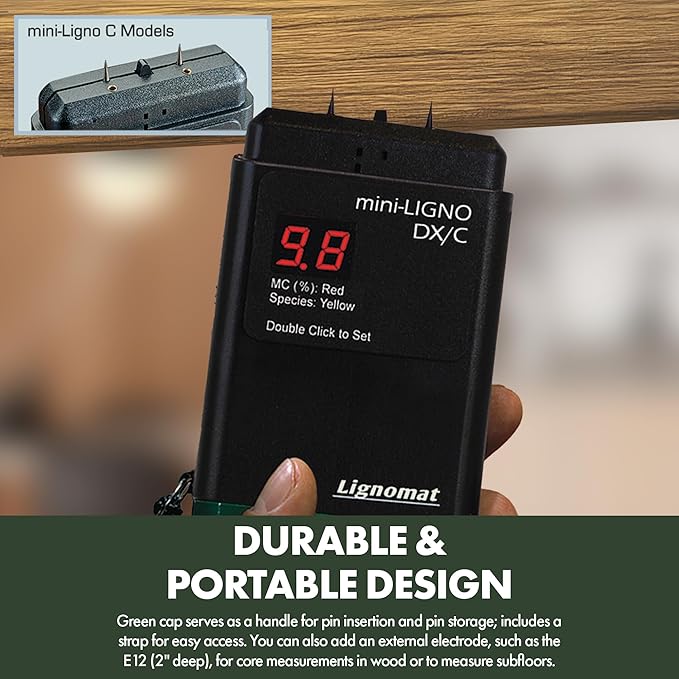 Mini-Ligno DX/C Moisture Meter – Wood Moisture Meter for Wood, Concrete, Subfloors, OSB & Drywall, 46 Settings for Testing, Portable Easy to Use