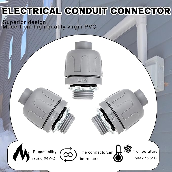 3/4 inch Liquid Tight Connector PVC Flexible Conduit Connector,Straight 180 Degree UL Listed Liquid Tight Connector, Non-Metallic 3/4 Conduit Fittings(150 Pack)