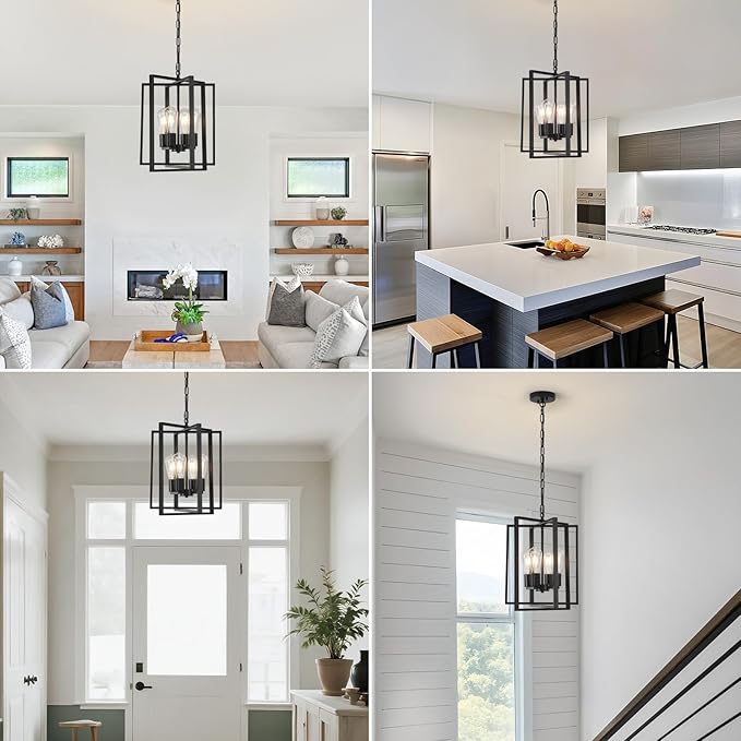 4 Light Modern Farmhouse Chandelier for Dining Room, Black Pendant Lights Fixtures for Kitchen Island, Foyer Lighting Fixtures High Ceiling for Entryway Hallway Living Room Bedroom
