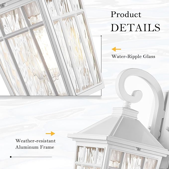 Darkaway Outdoor Wall Lights for House, Exterior Lighting Fixtures Wall Mount Outside Porch Lights Waterproof White Outdoor Sconce Lights with Water Ripple Glass for Patio Garage Front Door