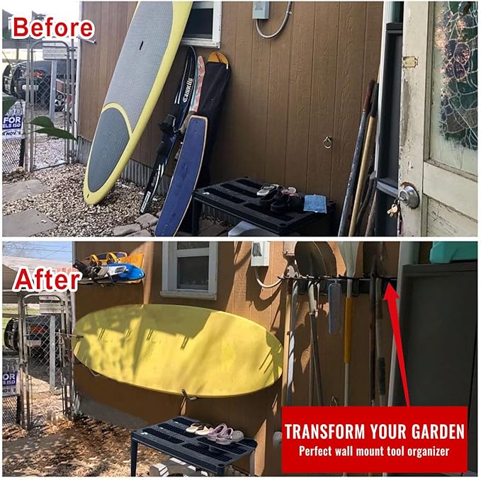 Wall Mount Tool Storage Rack, Garage Organization, Heavy Duty Garage Storage Tool Organizer, Garden Tool Wall Hooks and Hangers, Hold Up to 350lbs Black