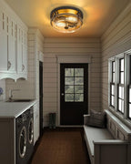 EAPUDUN Farmhouse Ceiling Light, Wooden Flush Mount Ceiling Light Fixtures with Clear Glass Shade, Retro 2-Light Ceiling Lamp for Hallway Entryway Bedroom Kitchen Dining Room FMA1443-FBDT