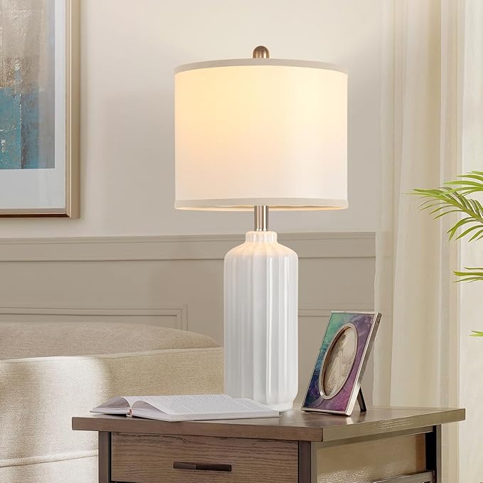 Lamp for Living Room Bedroom Lamps Farmhouse Table Lamps Set of 2 Vertical Stripe Ceramic Table Lamp,Linen Shade with Bulb, 25 in High, White
