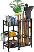 keomaisyto Garden Tool Organizer With Basket - 3 Tier Yard Storage Rack for Garage Organization, Heavy Duty Holder With 35 Long-Handled Slots for Shed, Yard, Garage