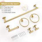 TQKAG Brushed Gold Bathroom Hardware Set 6-Piece Bathroom Accessory Set 23.6 Inch Round Stainless Steel Towel Bar Set Wall Mounted