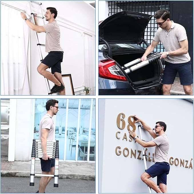 RIKADE Telescoping Ladder 10.5FT & Attic Ladder, Heavy Duty Aluminum with Non-Slip Feet, 330lb Capacity for RV, Attic, Roof & Multi-Surface Use