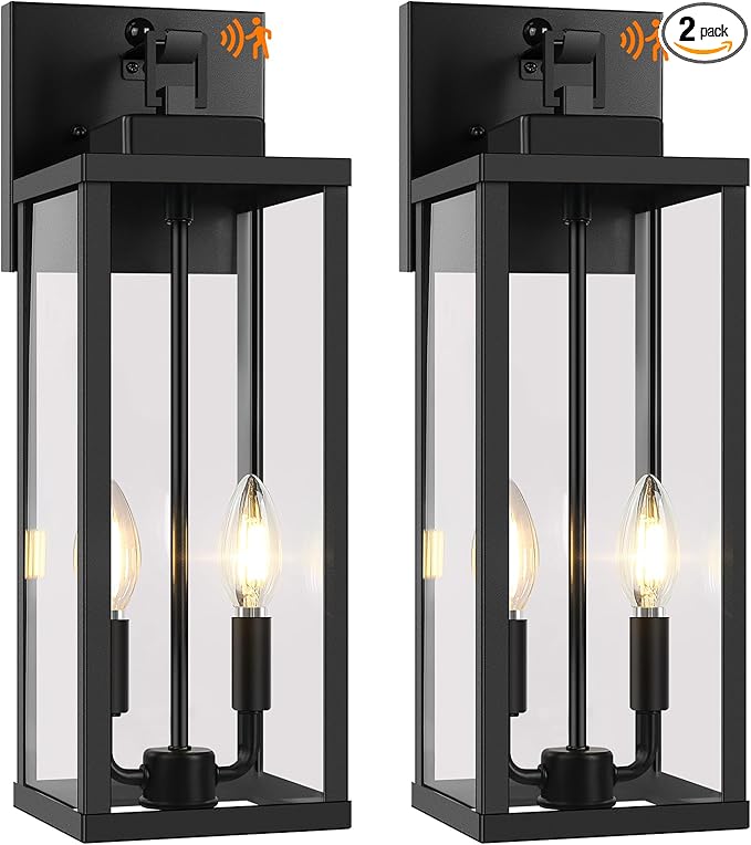 BesLowe 18” Upgraded Motion Sensor Outdoor Wall Lights, Dusk to Dawn Porch Lights Outdoor Wall Sconces, 3 Lighting Modes Exterior Lighting Fixtures with Hooks, Black Outside Lights for House, 2-Pack