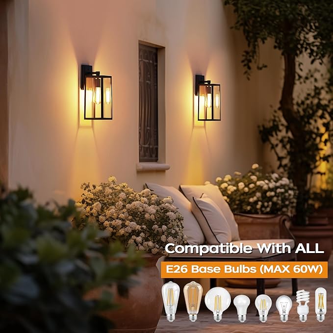 PARTPHONER Dusk to Dawn Outdoor Light Fixtures Wall Mount, Sensor Porch Lights, Anti-Rust Exterior Wall Sconce Lighting Lamp, Waterproof Wall Lantern for Doorway, Garage, 2-Pack