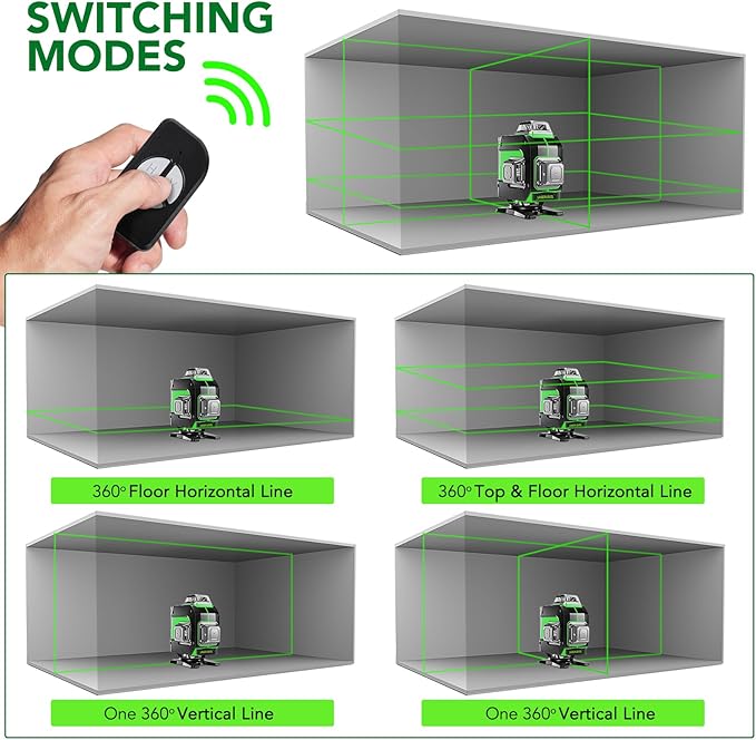Laser Level, 4x360° Self Leveling Green Cross Line Laser for Construction and Picture Hanging with Rechargeable battery, Remote Controller, Magnetic Rotating Stand