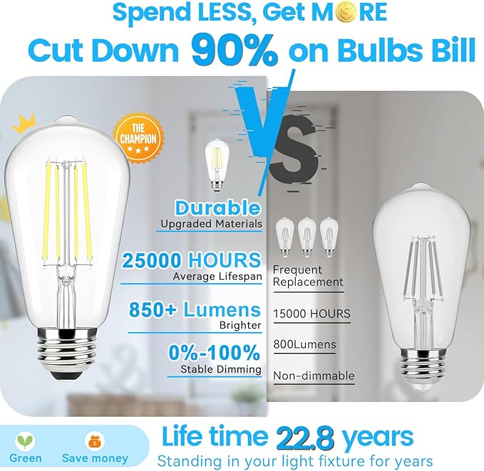 Brightever E26 LED Bulb 60 Watt Equivalent, 5000K Daylight White Dimmable Light Bulbs, 7W, 850LM Vintage Lights Bulb, 90+CRI, ST58 Clear Glass Antique Decor Filament Edison Bulb for Room, 6-Pack