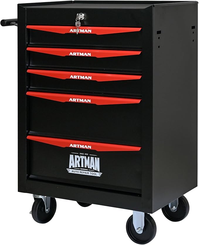 5 Drawers Rolling Tool Box on Wheels, Multifunctional Tool Chest Cabinet with Lock, Drawers Rolling Tool Cart Trolley Organizer Tool Storage Case for Warehouse,Garage,Workshop (Black&Red)