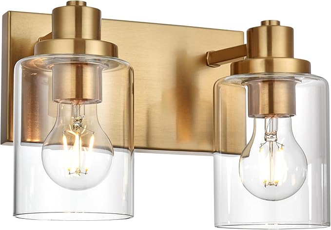 2 Light Bathroom Vanity Lights Brushed Brass Bathroom Lighting Fixtures over Mirror with Clear Glass Shade, Vintage Gold Vanity Light For Bathoom, Modern Bathroom Wall Vanity Lighting Fixtures