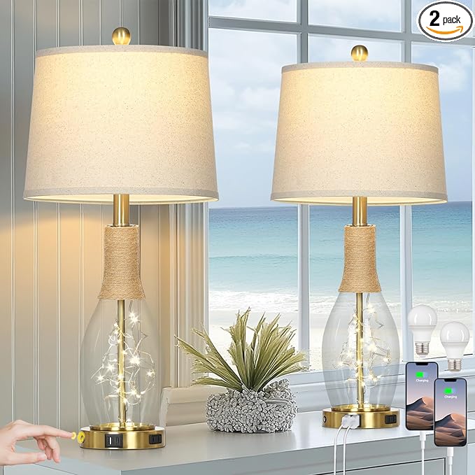27.5" Coastal Glass Table Lamps Set of 2, Touch Control 3-Way Dimmable Modern Table Lamps with USB A+C Ports & AC Outlets, Farmhouse Rustic Boho Vintage Night Light for Living Room Bedroom Gold Ocean