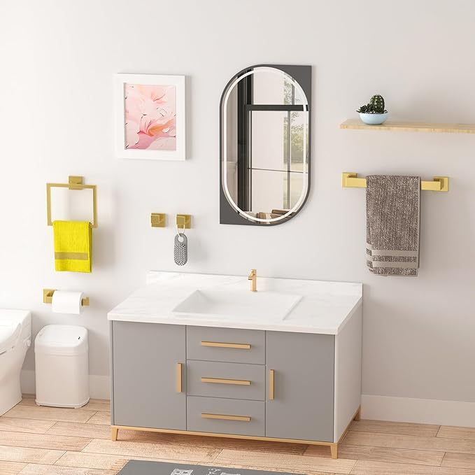 Bathroom Accessory Towel Bar Set: 5 Pieces Gold Bathroom Hardware Square SUS304 Stainless Steel - Wall Mounted Towel Rack&Toilet Paper Holder&Towel Ring and Towel Hook