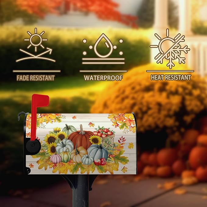 Fall Harvest Pumpkin Mailbox Covers Oversized Autumn Thanksgiving Magnetic Mailbox Cover Large Size 25.5x21 Inches Farmhouse Fall Letter Post Mail Box Wraps for Garden Yard Outdoor Decor