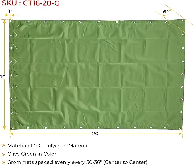 Mytee Products 16' x 20' Green Canvas Tarp 12oz Heavy Duty Water Resistant