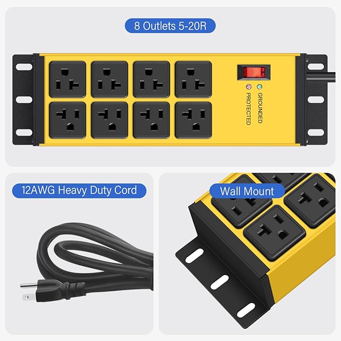 CCCEI 2PCS Heavy Duty Power Strip Surge Protector 20 AMP, 8 Outlets 12 Gauge Shop Garage Metal Multiple Outlets, 4 FT Extension Cord 5-15P Adapter High Amp 6-20R T-Slot 20a for Appliance Yellow.