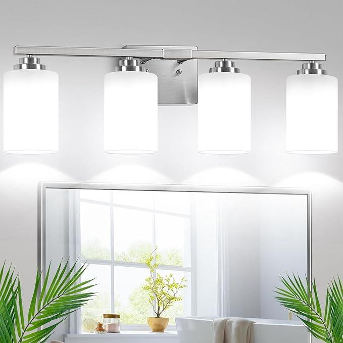4-Light Bathroom Light Fixtures, 27" Modern Vanity Lights Over Mirror with Milky White Glass Shade, Brushed Nickel Wall Sconce, Classic Wall Light Fixture for Mirror Living Room Cabinet Bedroom Porch