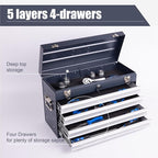 4 Drawers Metal Tool Box, 21" Portable Steel Tool Chest w/Key Lock & Latch Closure, Multi-Function Top Storage Tray Toolbox w/Powder Coating & Ball Bearing Slides for Garage (Antique Grey)