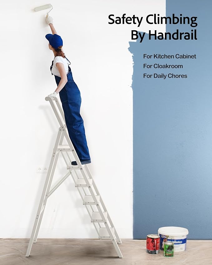 6 Step Ladder, Aluminum Folding Step Stoowith Convenient Handgrip,Lightweight 330lbs CapacityStep Ladder for Household, Ofice, Kitchen(White)