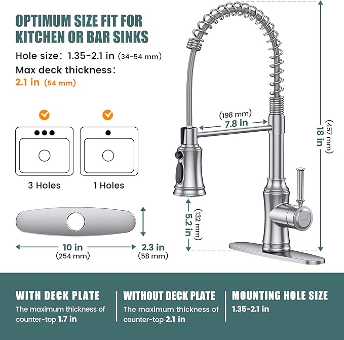 Kitchen Faucet with Pull Down Sprayer, Hurran Commercial Stainless Steel Kithcen Faucets, Single Handle Spring Faucets for Kitchen Sink, Sink Faucet for Farmhouse Wet Bar or RV, Brushed Nickel