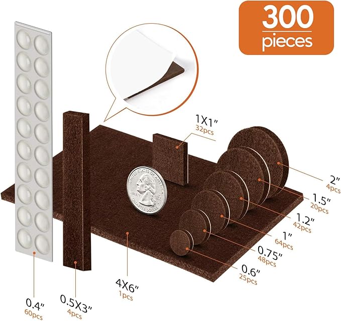 Furniture Pads Felt Pads 300 Pieces Huge Pack Furniture Felt Pads, Self Adhesive Anti Scratch Floor Protectors for Furniture on Hardwood Tile Floor, with 60 Cabinet Door Bumpers, Brown