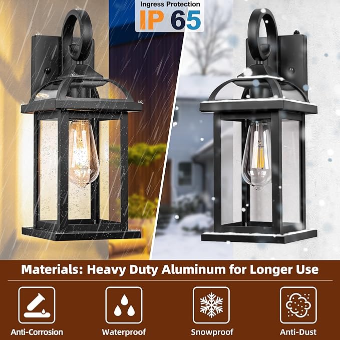 2-Pack Outdoor Wall Lights Dusk to Dawn, 15 Inch Aluminum Anti-Rust Exterior Light Fixture with IP65 Clear Tempered Glass Large Outside Wall Sconce Lanterns for House Matte Black