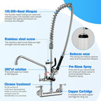 Commercial Sink Faucet with Sprayer 36" Height 8" Adjustable Center, Commercial Wall Mount Kitchen Sink Faucet with Pre-Rinse Sprayer and 12" Swing Spout for Restaurant Industrial