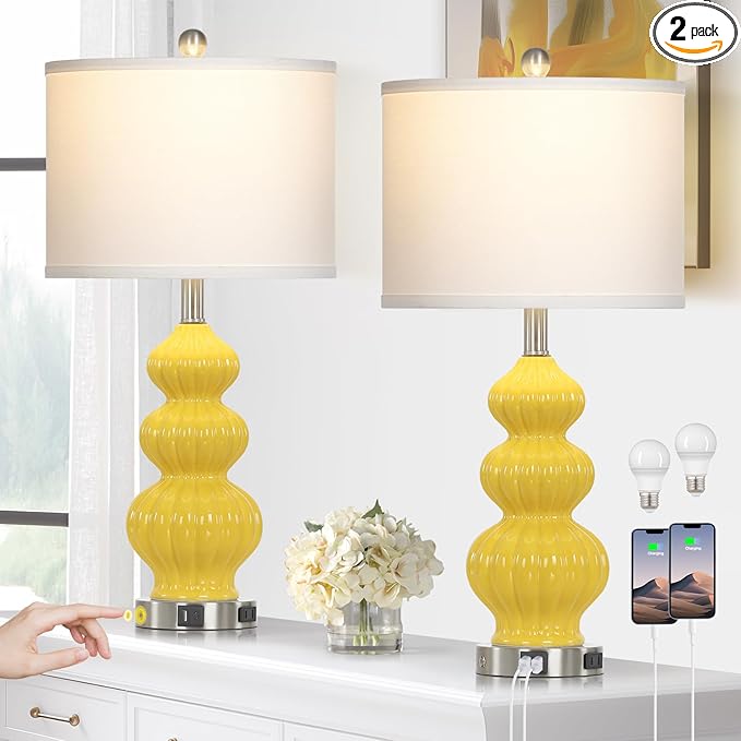 Triple Gourd Ceramic Table Lamps Set of 2, Modern Yellow Bedside Lamps with USB A+C Ports & AC Outlet, 3 Way Touch Control Contemporary Nightstand Lamps for Bedroom Living Room