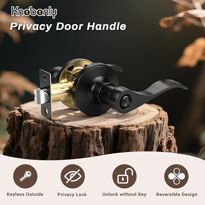 Knobonly 6 Pack Matte Black Privacy Door Levers Interior Door Handles for Bedroom and Bathroom Door Knobs Keyless Privacy Door Handles with Lock, Zinc Alloy Reversible for Right/Left