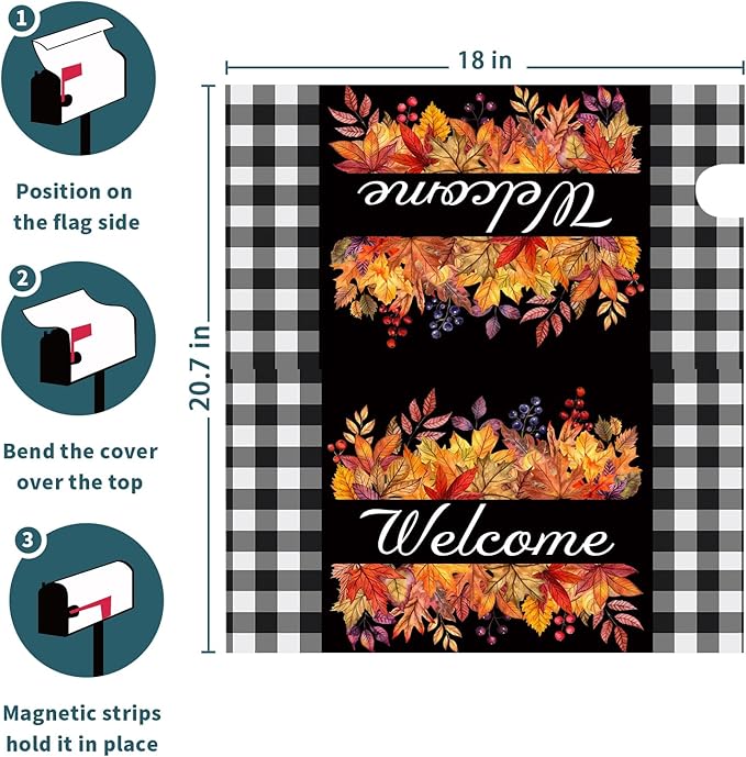 Fall Thanksgiving Maple Leaves Buffalo Plaid Mailbox Covers Magnetic Autumn Harvest Seasonal Holiday Welcome Post Letter Box Cover Standard Size 21x18 Inch for Garden Yard