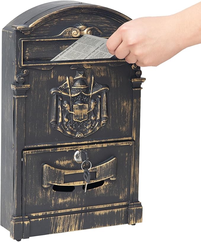 Vintage Wall Mount Mailboxes for House, Rust-Resistant Locking Mailbox with Key Locks, Galvanized Steel Outdoor Mailboxes, Bronze