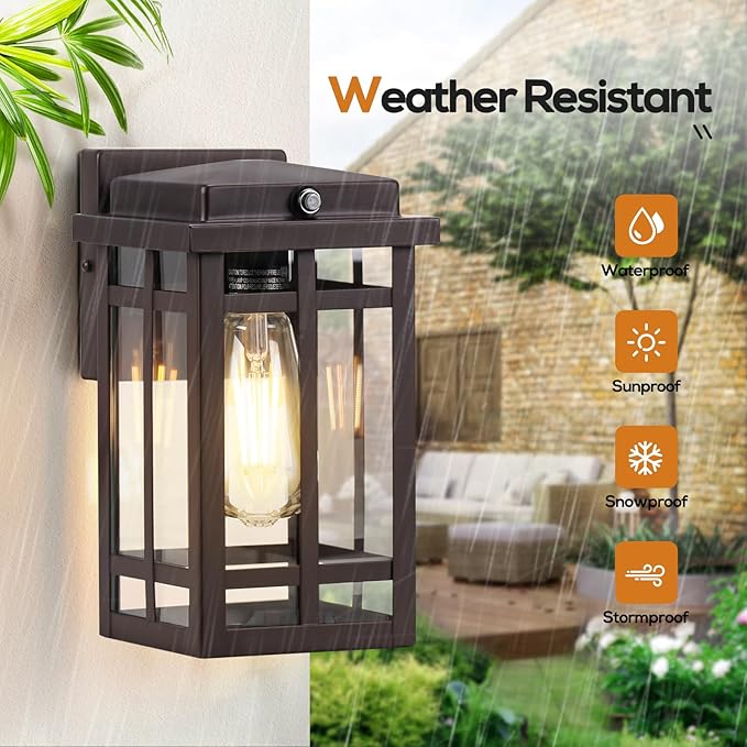 9.76'' Dusk to Dawn Outdoor Wall Light 2 Packs, Exterior Fixture Mount for House Front Porch, Anti-Rust Modern Lantern with Tempered Glass Shade for Garage, Brown