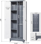 FLEXIMOUNTS 65'' Tall Metal Storage Cabinet with Locking Door, Large Cleaning Tool Organizer for Brooms, Garage, Laundry Room, Bathroom, Grey-White