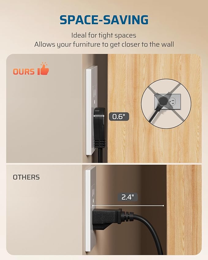 DEWENWILS 6FT Flat Plug Extension Cord, 360° Rotating Plug, 3 Prong Ultra Thin Power Strip, 13A/125V/1625W, 16 Awg Grounded Flat Power Cable for Indoor Narrow Space, SPT-3, ETL Listed, Black