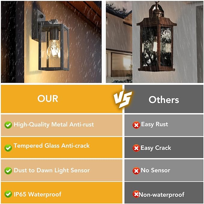 PARTPHONER Dusk to Dawn Outdoor Light Fixtures, 2-Pack Sensor Porch Lights, Waterproof Exterior Wall Sconce Lighting Lamp, Waterproof Wall Lantern for House, Doorway, Garage (Black)