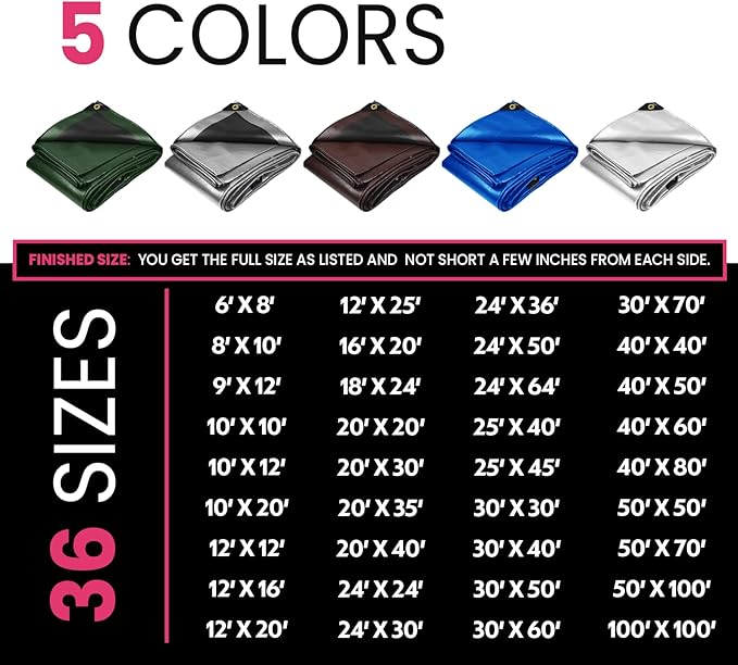 PROTARP Extreme Heavy Duty 22 Mil Tarp Cover, Waterproof, UV Resistant, Rip and Tear Proof, Poly Tarpaulin with Reinforced Edges for Roof, Camping, Patio, Pool, Boat. (Silver/Black 30′ X 30′)