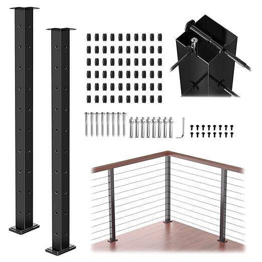 2 Pack 36" T304 T-drilled Cable Railing Corner Post(Post 35"x2"x2"), Three Sides Wire Railing Post with Cable Grommets, Fixed Top Mount Stainless Steel Black Finish Deck Staircase Post