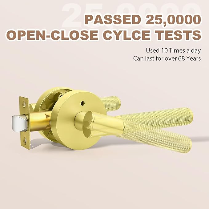 1 Pack Privacy Door Handle Brass, Gold Door Knob Interior with Lock, Keyless Knurled Door Lever for Bedroom or Bathroom, Reversible for Right & Left Side