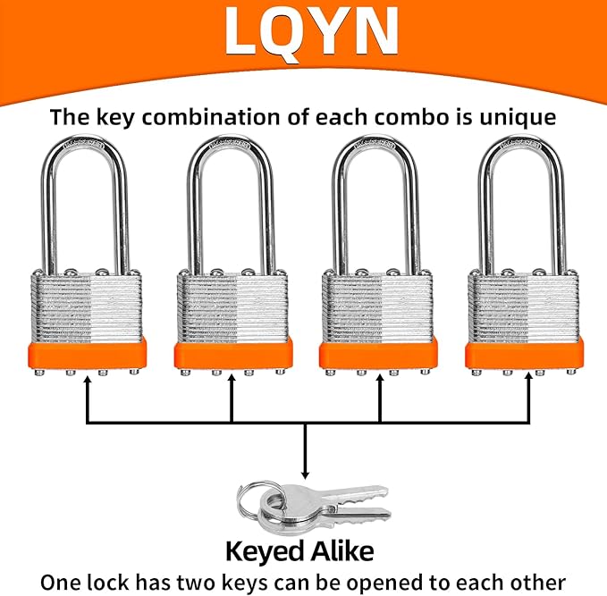 Padlocks with Same Key, LQYN 6 Pcs Laminated Keyed Padlock (1-9/16", 40mm), Keyed Alike Locks, Long Shackle, for Storage Locker, Hasp Latch, Toolbox, Sheds