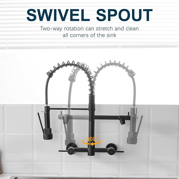 AIMADI Black Wall Mount Kitchen Faucet with Pull Down Sprayer Pot Filler | Matte Black Commercial Style Dual Handle Sink Faucet Spring Design for Kitchen